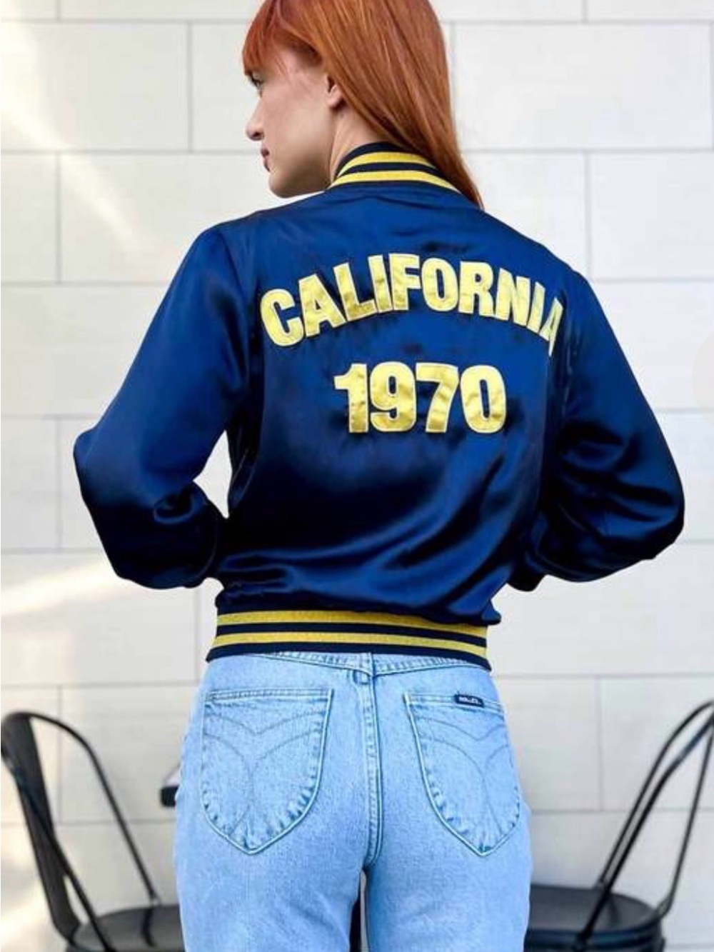 Stoned Immaculate Navy Satin Varsity Jacket with Yellow Lettering